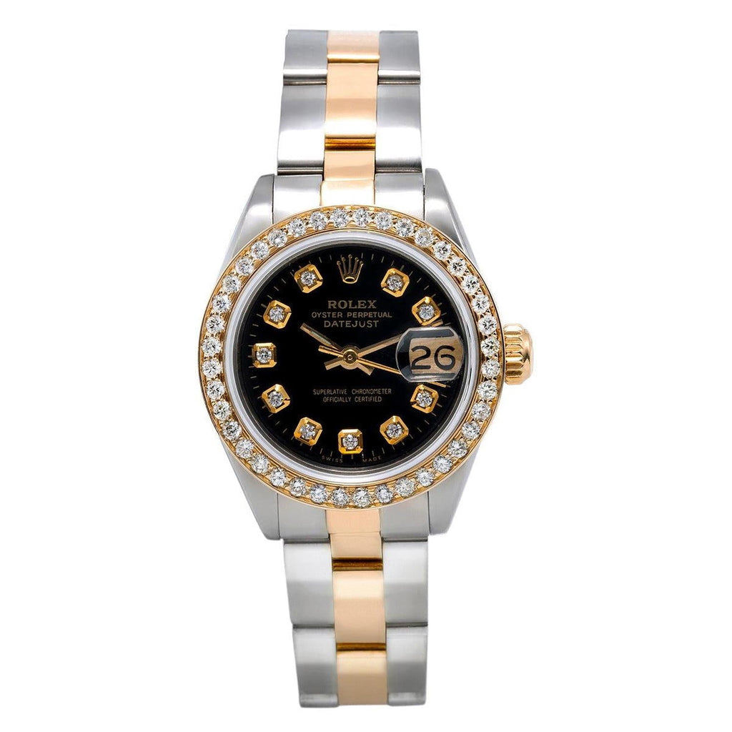 Pre-Owned Rolex Datejust 26MM 69173 Black Diamond Dial Diamond Bezel Two Tone Yellow Gold Oyster Bracelet 0.9ct