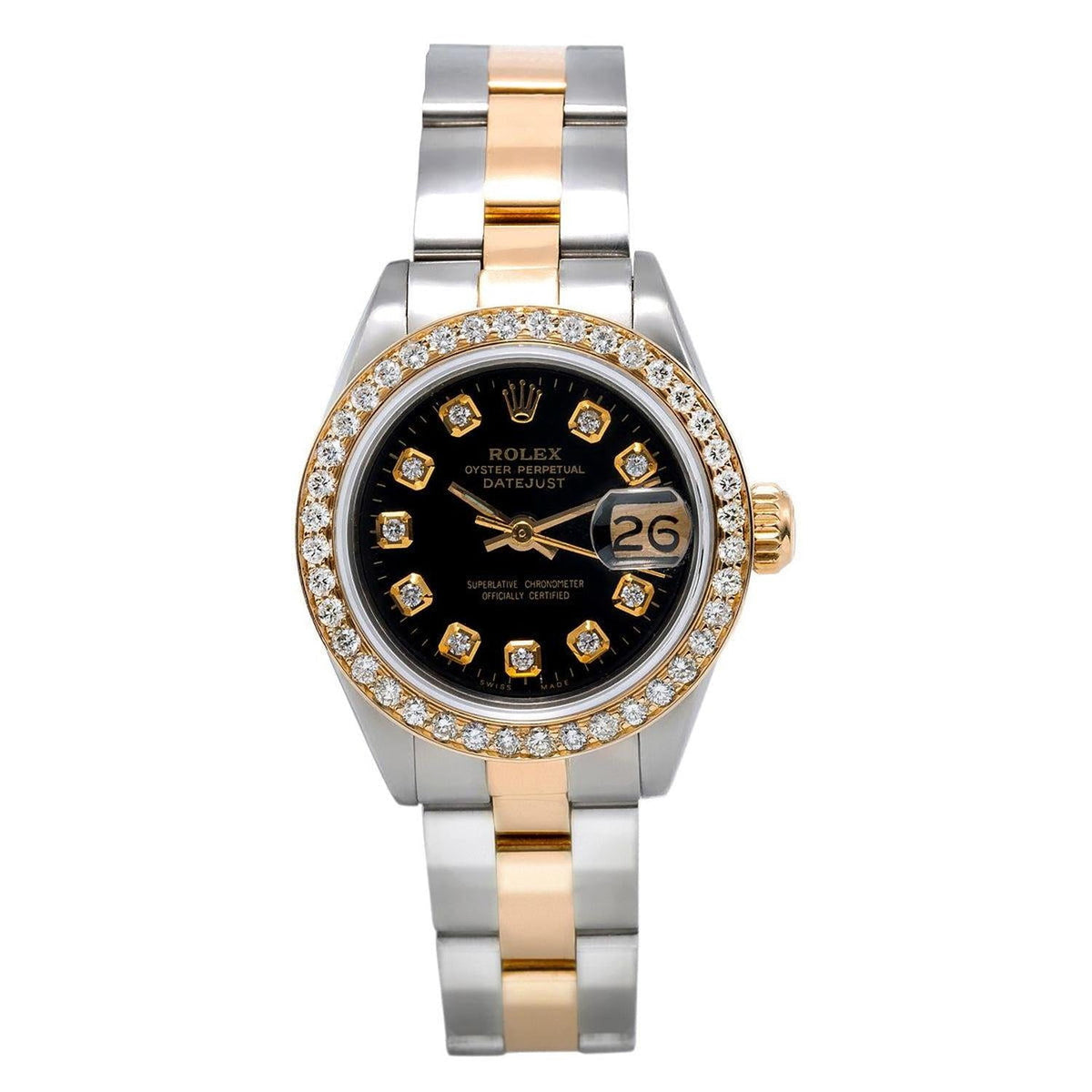 Pre-Owned Rolex Datejust 26MM 69173 Black Diamond Dial Diamond Bezel Two Tone Yellow Gold Oyster Bracelet 0.9ct