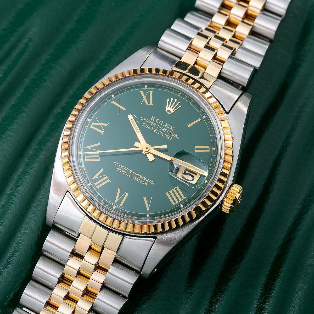 Pre-Owned Rolex Datejust 36MM 1601 Green Roman Dial Fluted Bezel Two Tone Yellow Gold Jubilee Bracelet
