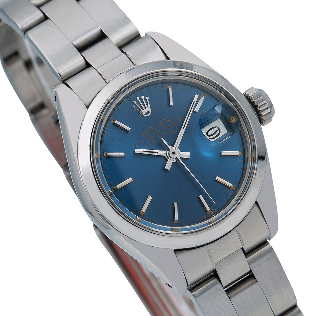 Pre-Owned Rolex Date 26MM 69160 Blue Dial Smooth Bezel Stainless Steel Oyster Bracelet