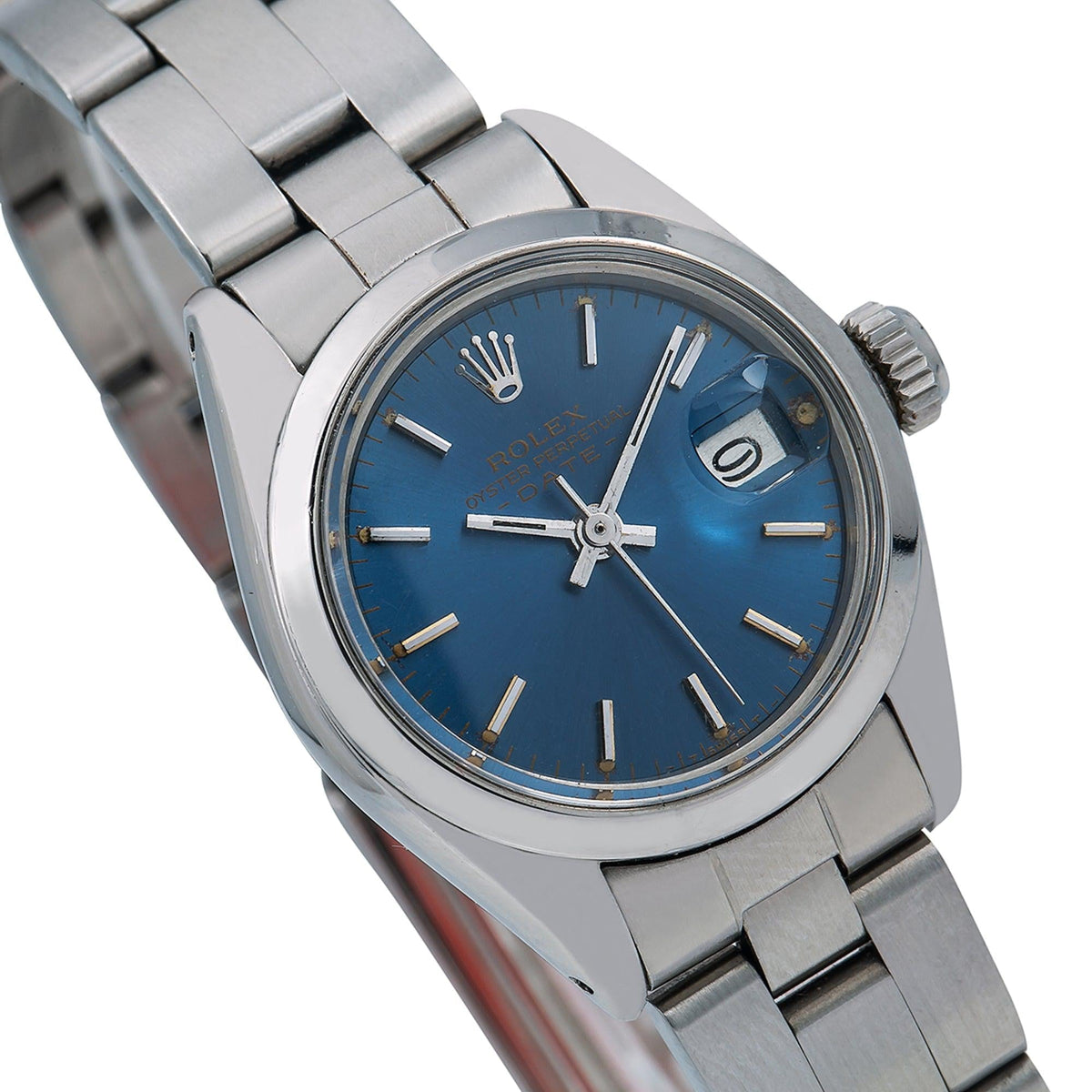 Pre-Owned Rolex Date 26MM 69160 Blue Dial Smooth Bezel Stainless Steel Oyster Bracelet