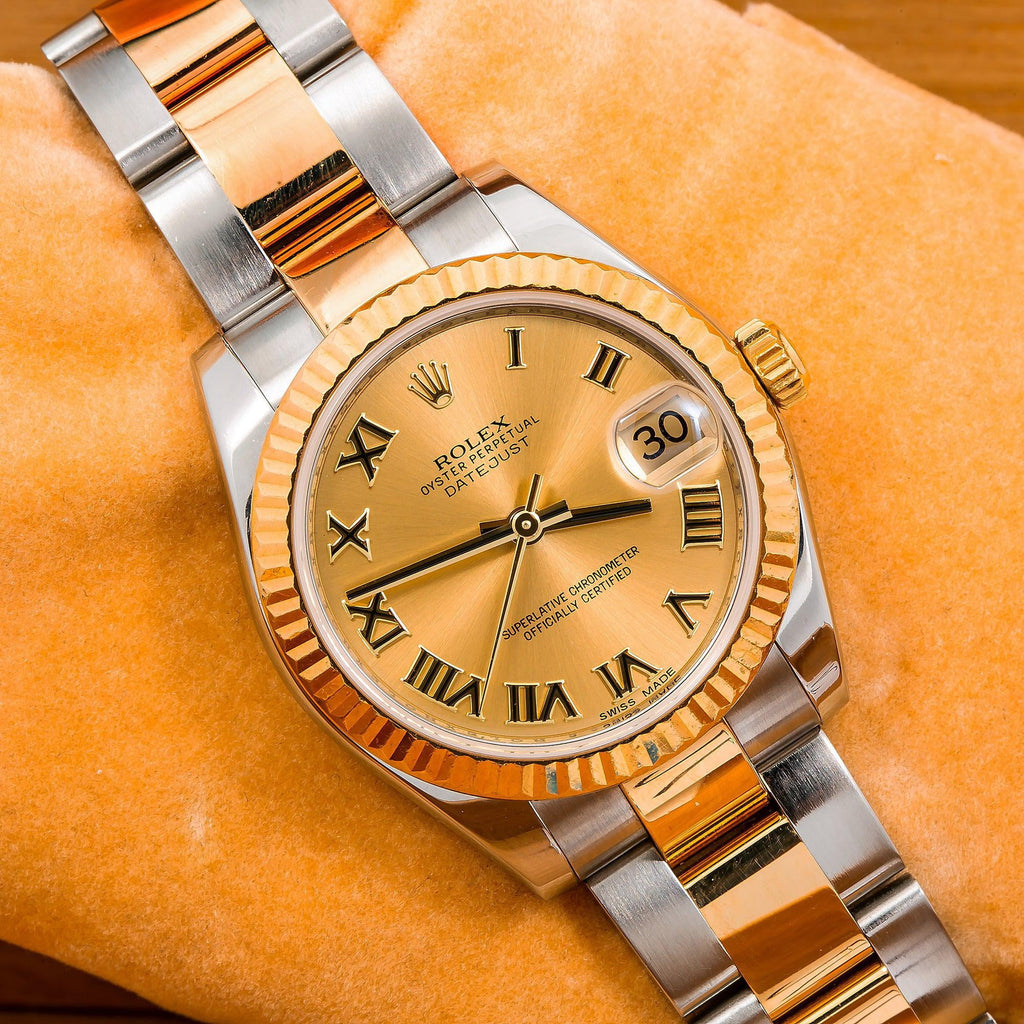 Pre-Owned Rolex Datejust 31MM 178243 Champagne Roman Dial Fluted Bezel Two Tone Yellow Gold Oyster Bracelet
