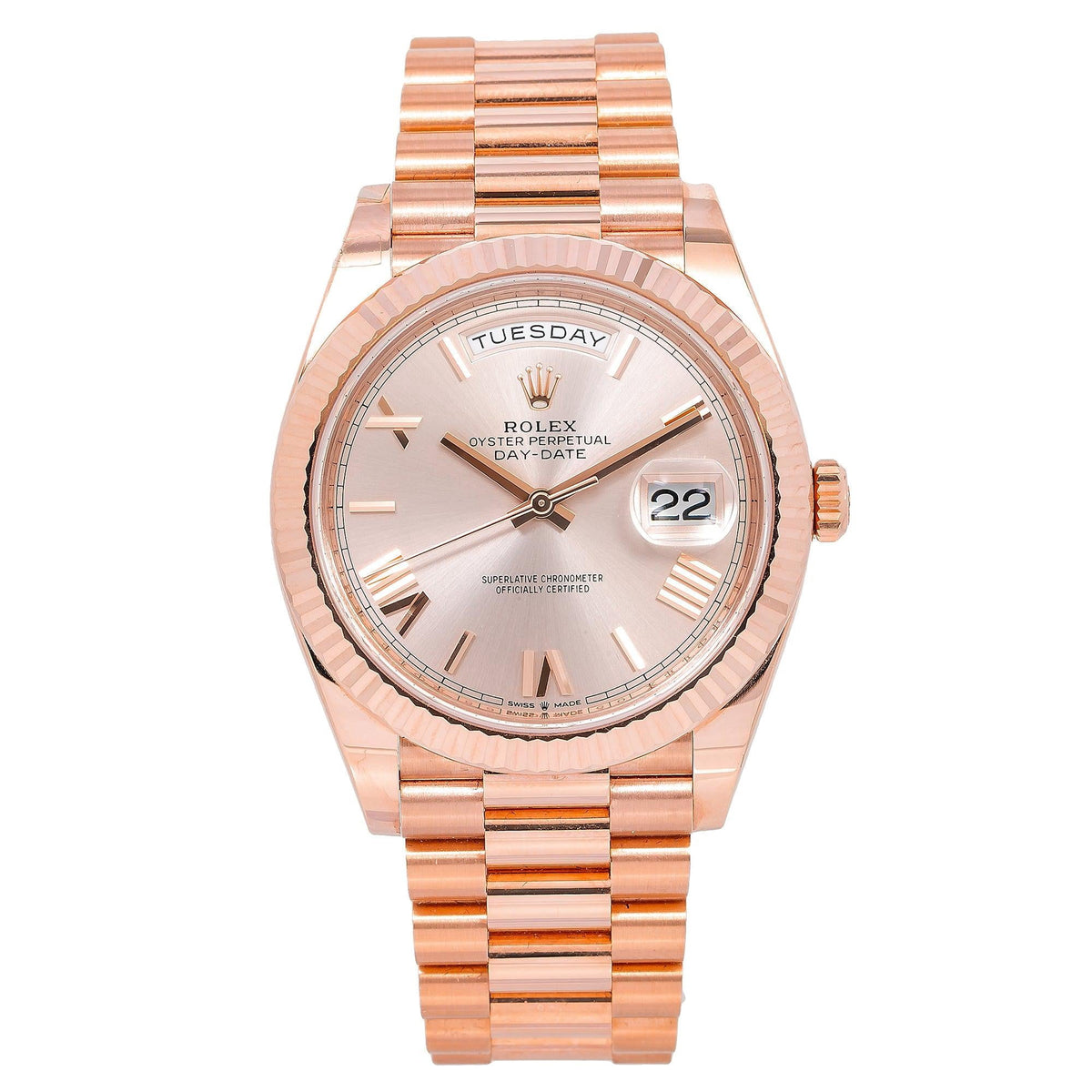 Pre-Owned Rolex Day-Date 40MM 228235 Sundust Roman Dial Fluted Bezel 18K Rose Gold President Bracelet
