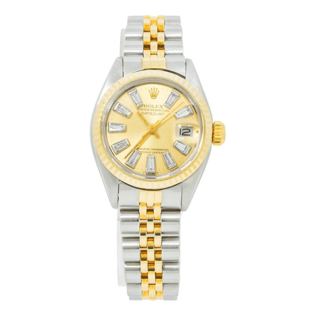 Pre-Owned Rolex Datejust 26MM 69173 Champagne Baguette Diamond Dial Fluted Bezel Two Tone Yellow Gold Jubilee Bracelet 0.5ct
