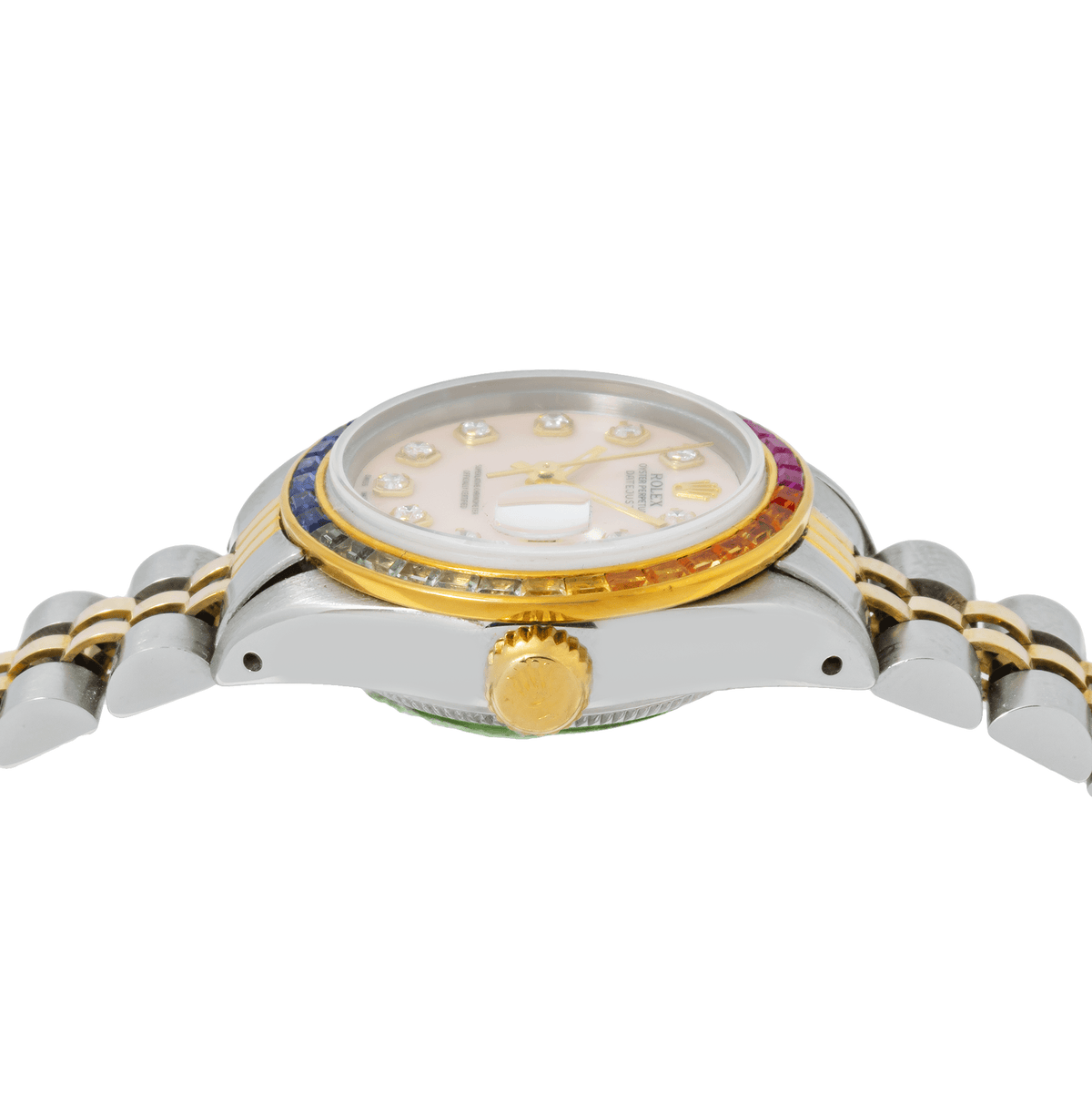 Pre-Owned Rolex Datejust 26MM 69173 Pink Mother of Pearl Diamond Dial Rainbow Gemstone Bezel Two Tone Yellow Gold Jubilee Bracelet 0.2ct