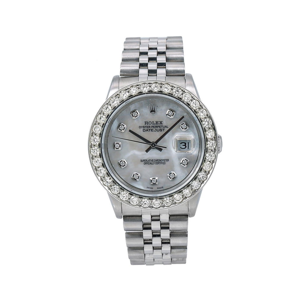 Pre-Owned Rolex Datejust 36MM 16014 White Mother of Pearl Diamond Dial Diamond Bezel Stainless Steel Jubilee Bracelet