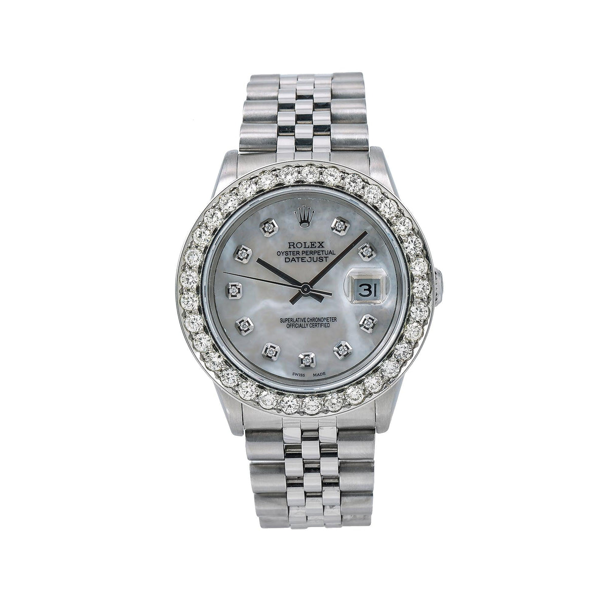 Pre-Owned Rolex Datejust 36MM 16014 White Mother of Pearl Diamond Dial Diamond Bezel Stainless Steel Jubilee Bracelet