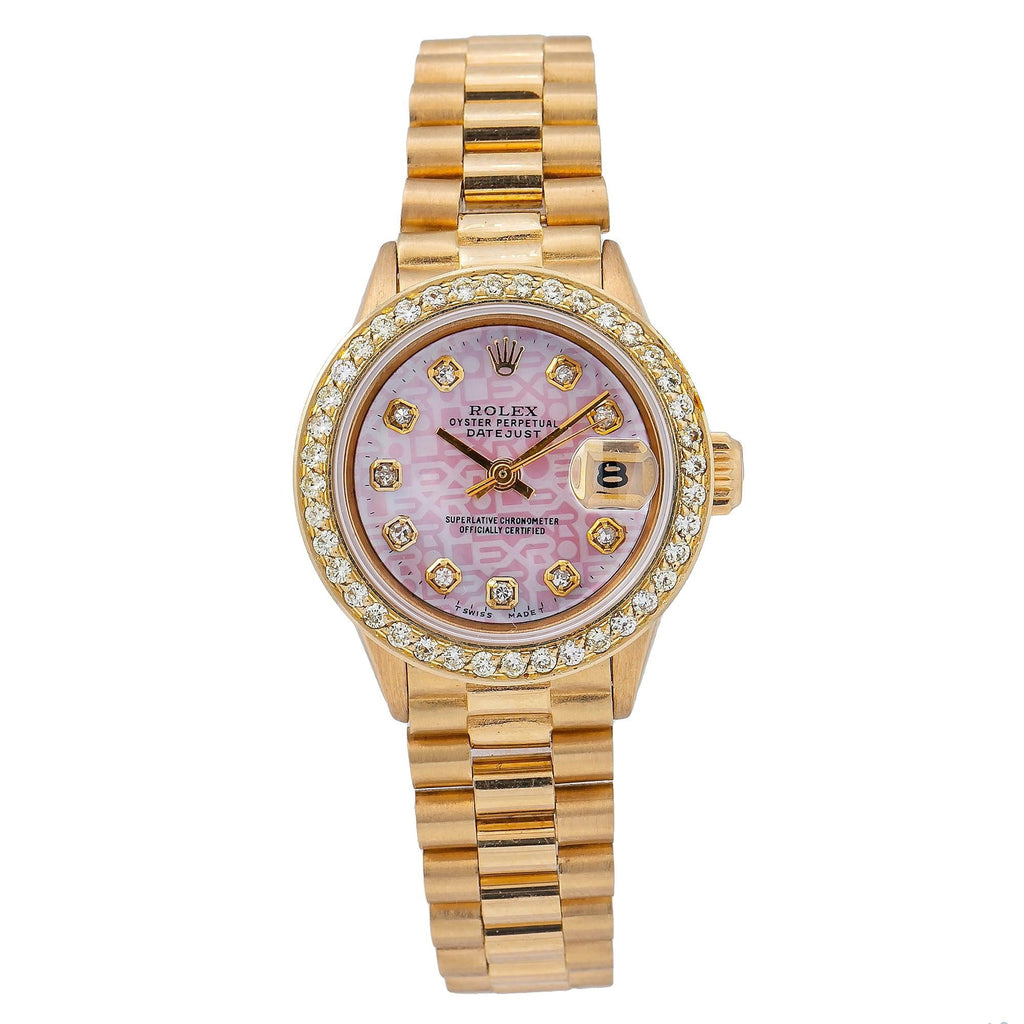 Pre-Owned Rolex Datejust 26MM 6917 Pink Pattern Diamond Dial Diamond Bezel 18K Yellow Gold President Bracelet