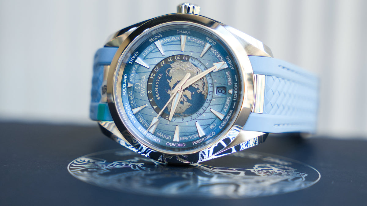 Pre-Owned Omega Seamaster Aqua Terra 150M Coâ€‘Axial Master Chronometer GMT Worldtimer 43mm â€“ Summer Blue
