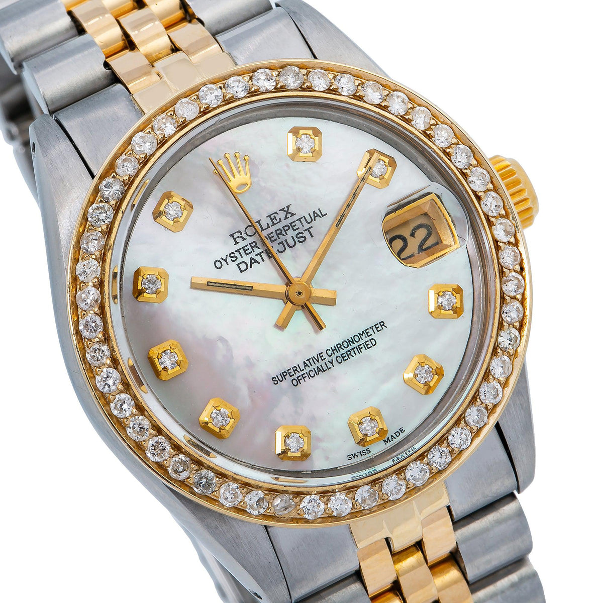 Pre-Owned Rolex Datejust 31MM 6824 Pink Mother of Pearl Diamond Dial Diamond Bezel Two Tone Yellow Gold Jubilee Bracelet