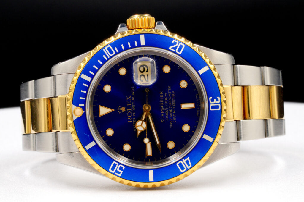 Pre-Owned Mens Rolex Two-Tone 18K/SS Submariner Watch Blue Dial 16613