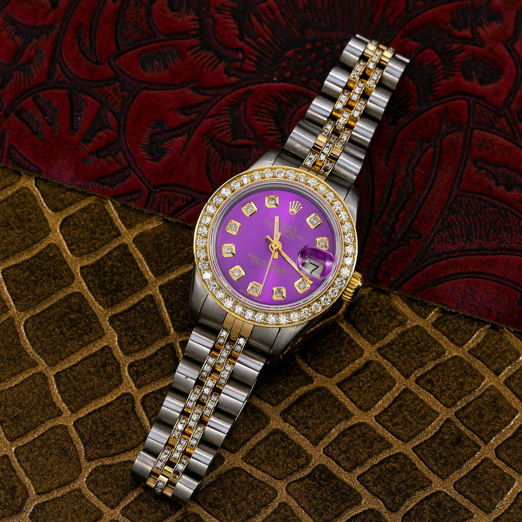 Pre-Owned Rolex Datejust 26MM 69173 Purple Diamond Dial Diamond Bezel Two Tone Yellow Gold Semi Diamond Jubilee Bracelet