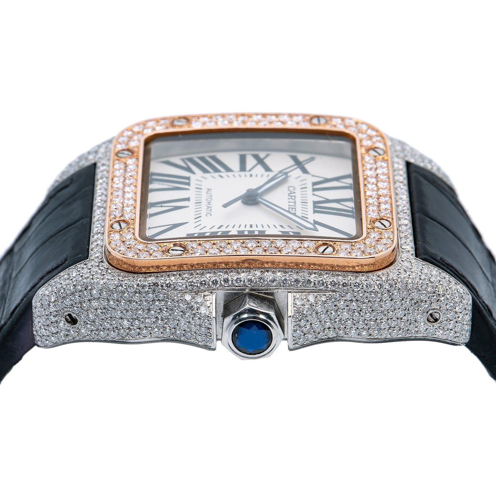 Pre-Owned Cartier Santos 100 38MM W20073X8 Silver Roman Dial Rose Gold Diamond Paved Bezel Black Leather Strap 9.25ct