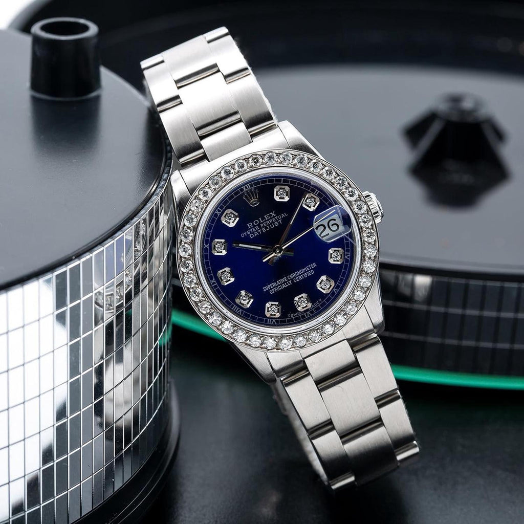 Pre-Owned Rolex Datejust 31MM 78240 Blue Diamond Dial Diamond Bezel Stainless Steel Oyster Bracelet 1.05ct