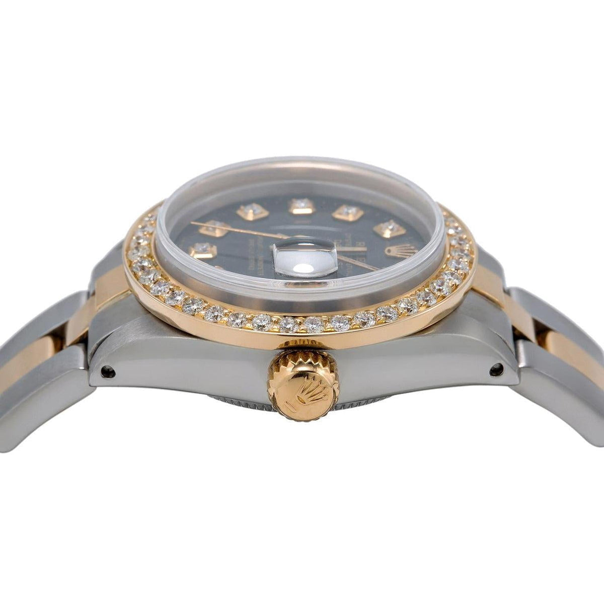 Pre-Owned Rolex Datejust 26MM 69173 Black Diamond Dial Diamond Bezel Two Tone Yellow Gold Oyster Bracelet 0.9ct