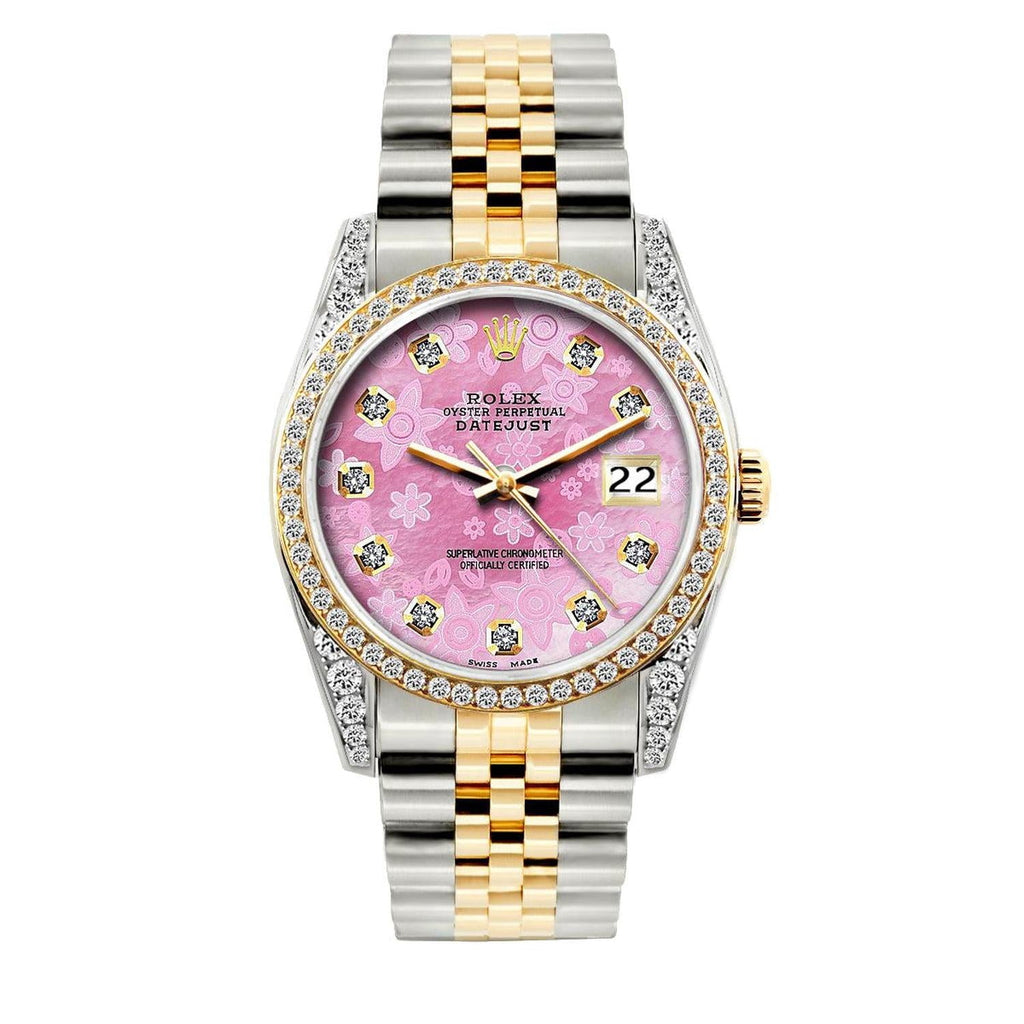 Pre-Owned Rolex Datejust 36MM 16233 Pink Floral Diamond Dial Diamond Bezel Two Tone Yellow Gold Jubilee Bracelet 1.2ct