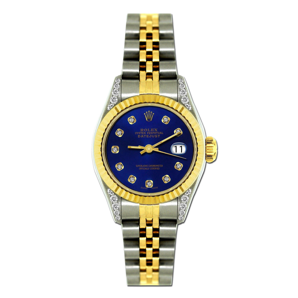 Pre-Owned Rolex Datejust 26MM 69173 Blue Diamond Dial Fluted Bezel Two Tone Yellow Gold Jubilee Bracelet