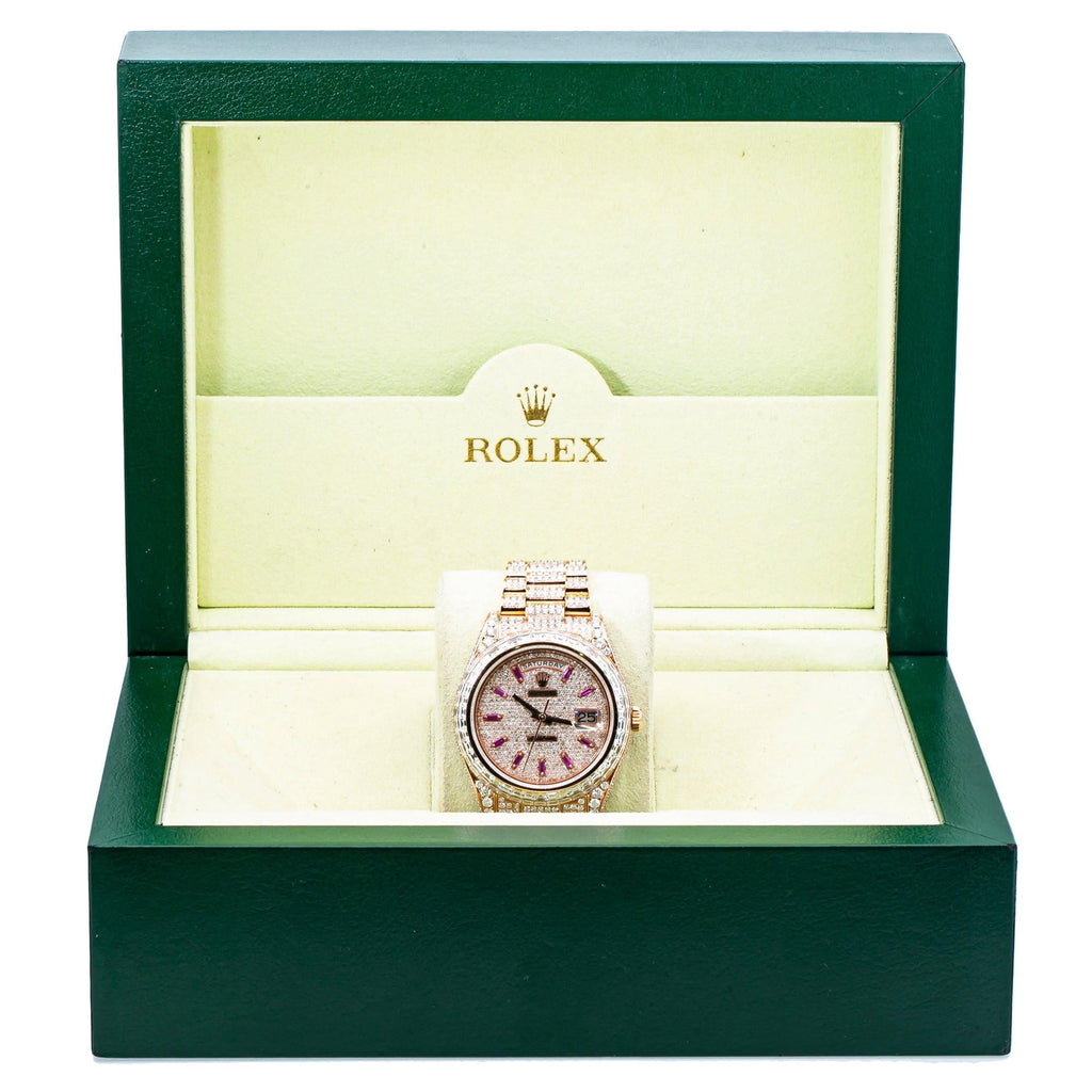Pre-Owned Rolex Day-Date II 41MM 218235 Diamond Paved Pink Dial Diamond Bezel 18K Rose Gold Full Diamond President Bracelet 26.25ct