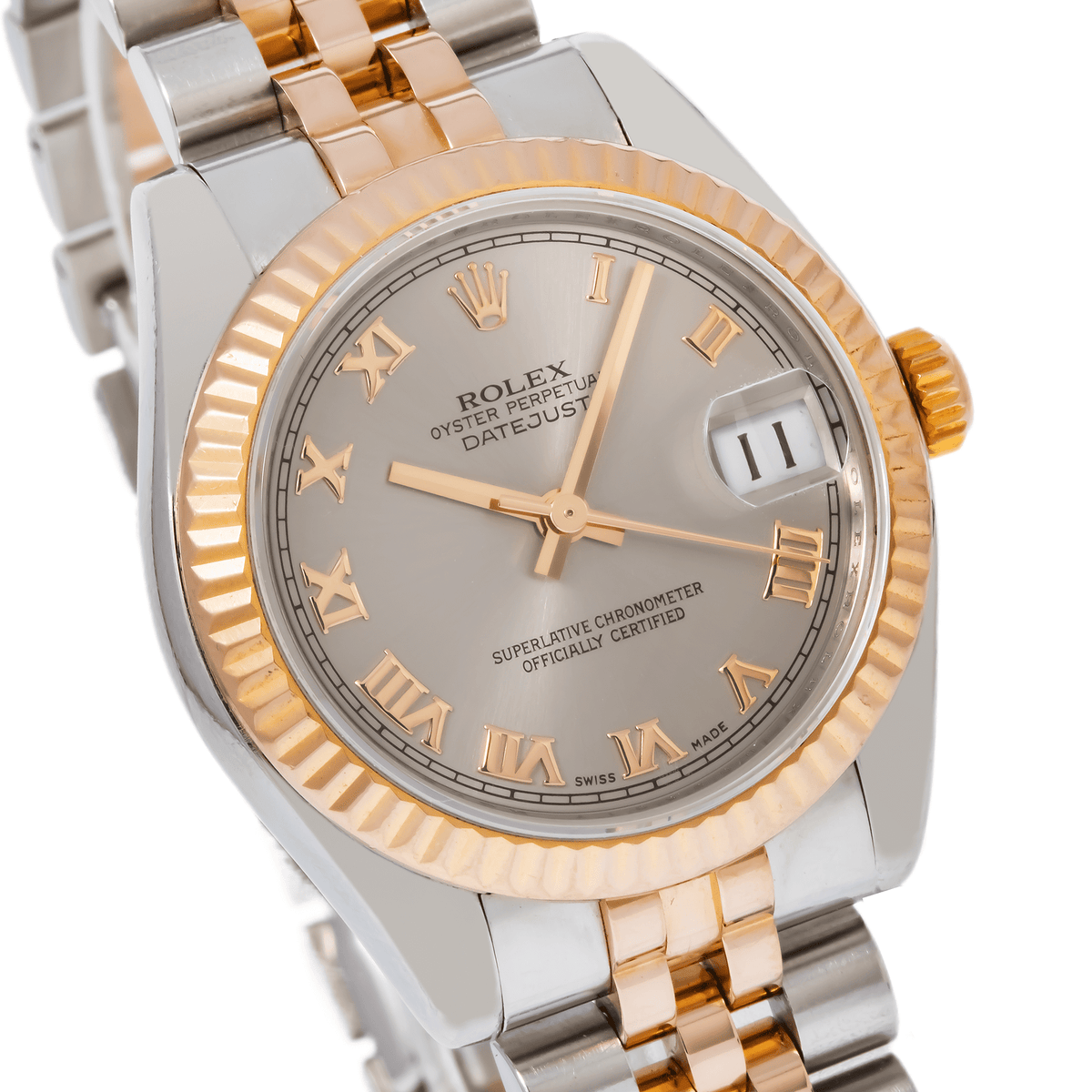 Pre-Owned Rolex Datejust 31MM 178271 Silver Roman Dial Fluted Bezel Two Tone Rose Gold Jubilee Bracelet