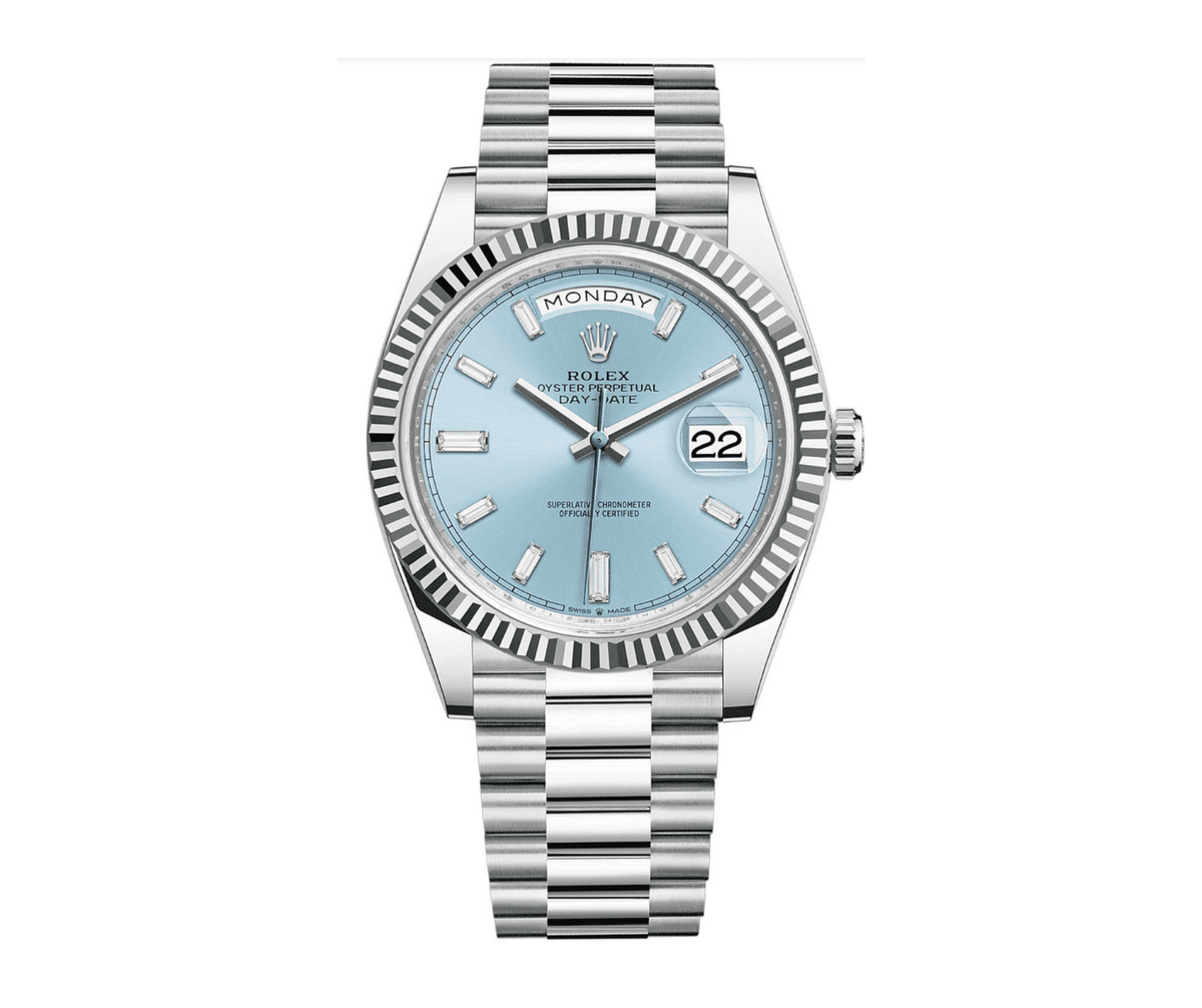 Pre-Owned Rolex Platinum President Day-Date 40 â€“ Ice Blue Baguette Dial Ref. 228236