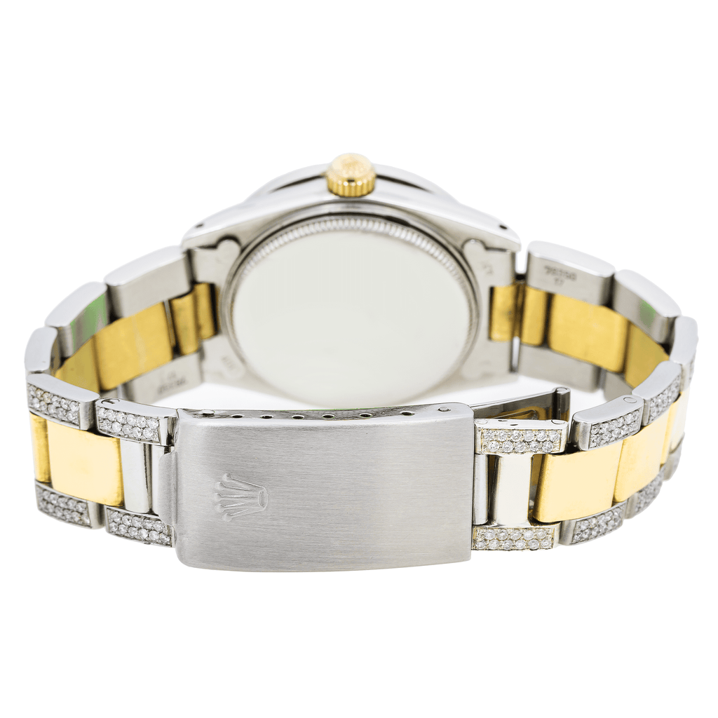 Pre-Owned Rolex Oyster Perpetual 31MM 6748 Turquoise Celebration Dial Diamond Bezel Two Tone Yellow Gold Semi Diamond Oyster Bracelet