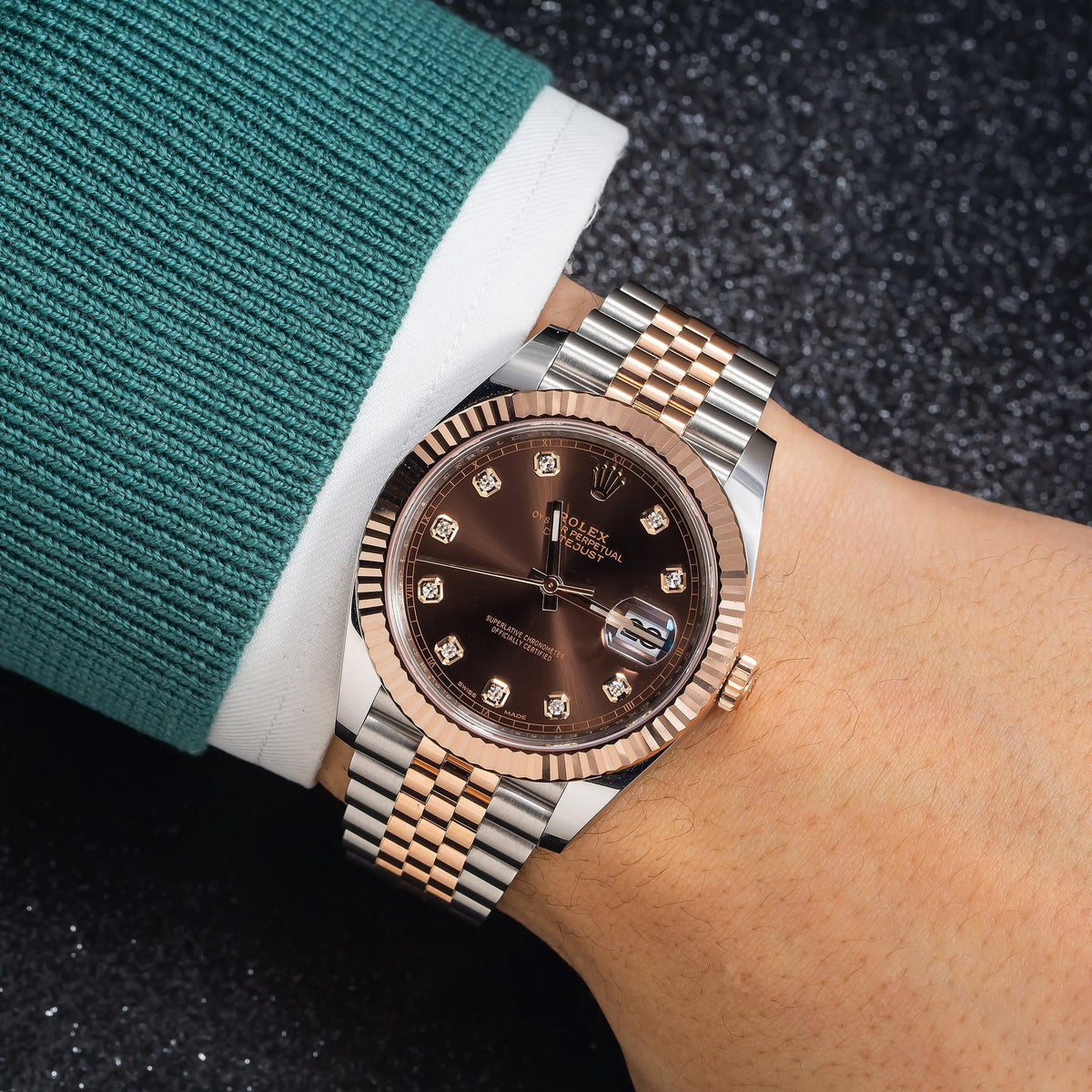 Pre-Owned Rolex Datejust 41MM 126331 Chocolate Diamond Dial Fluted Bezel Two Tone Rose Gold Jubilee Bracelet