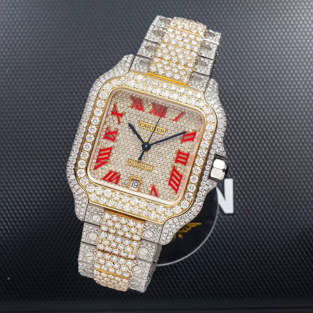 Pre-Owned Cartier Santos 39.8MM WSSA0018 Diamond Paved Champagne Roman Dial Yellow Gold Diamond Bezel Two Tone Yellow Gold Full Diamond Bracelet 18.75ct