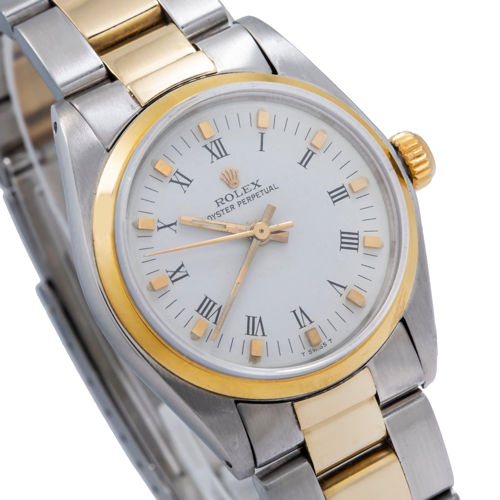 Pre-Owned Rolex Oyster Perpetual 31MM 6748 White Roman Dial Smooth Bezel Two Tone Yellow Gold Oyster Bracelet