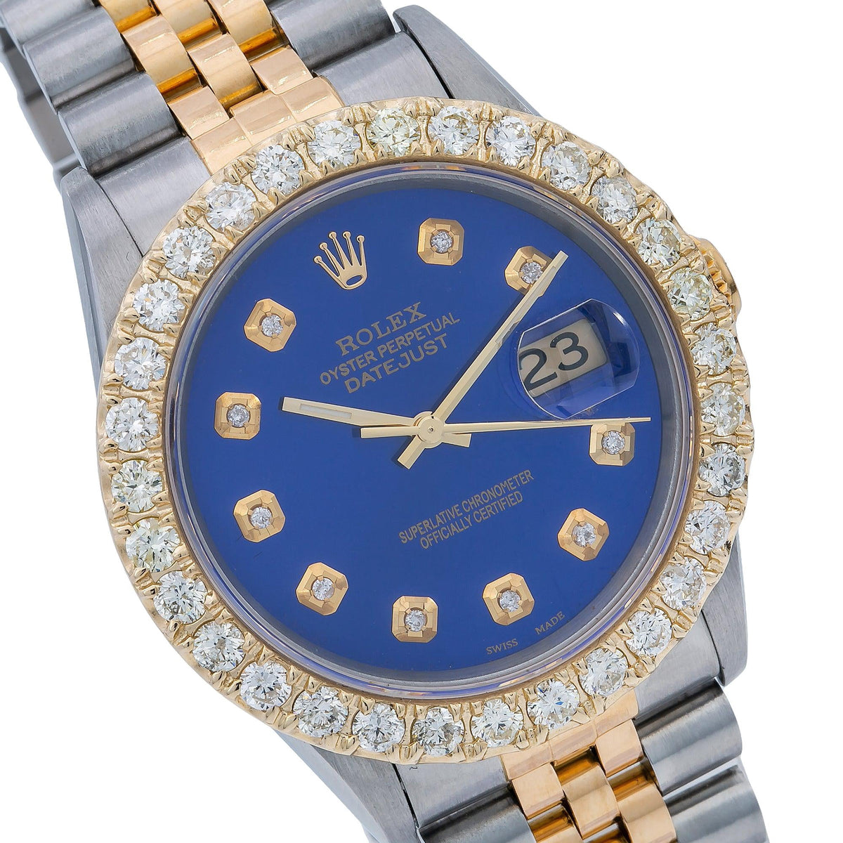 Pre-Owned Rolex Datejust 36MM 16233 Blue Diamond Dial Diamond Bezel Two Tone Yellow Gold Jubilee Bracelet