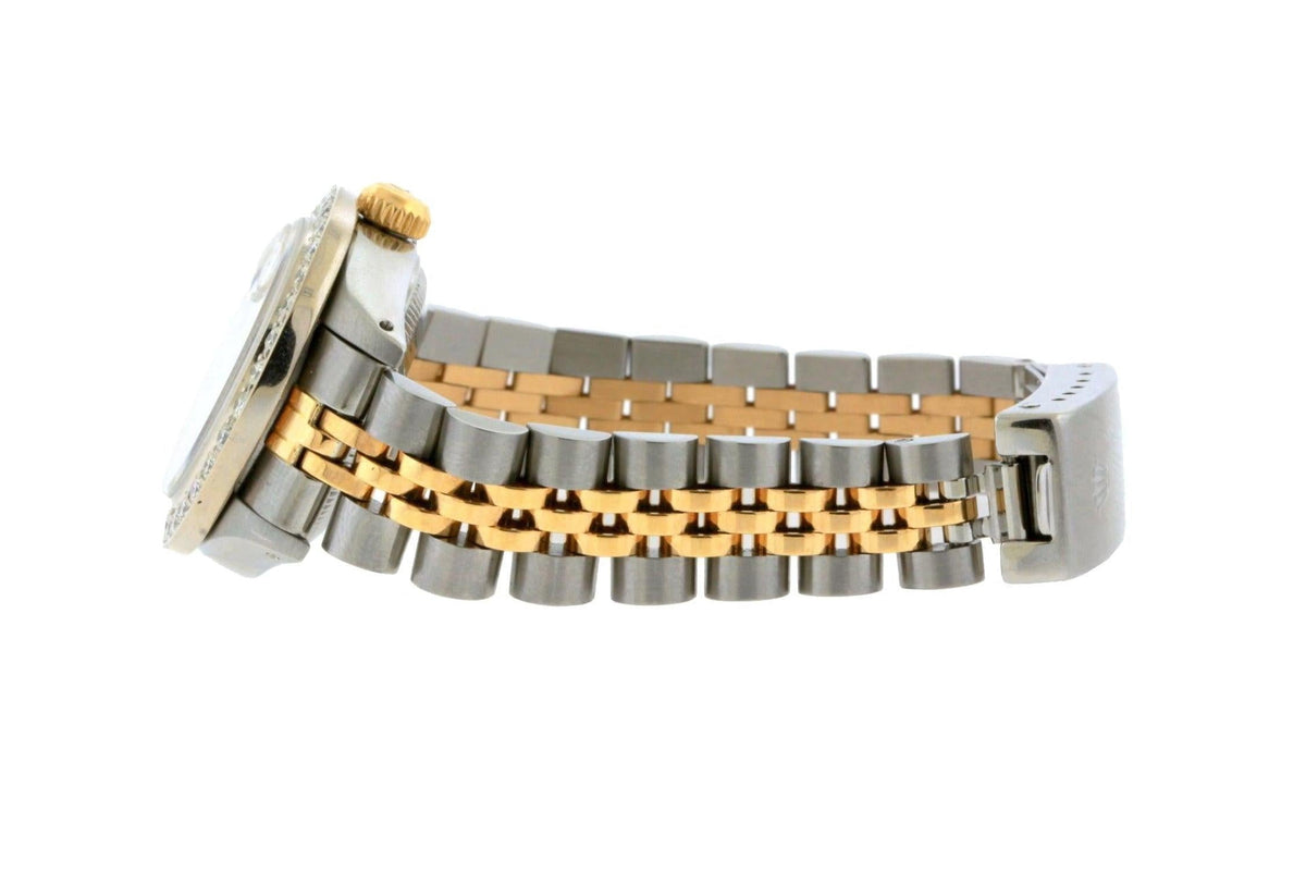 Pre-Owned Rolex Datejust 26MM 69173 Blue Mother of Pearl Diamond Dial Diamond Bezel Two Tone Yellow Gold Jubilee Bracelet 1.2ct