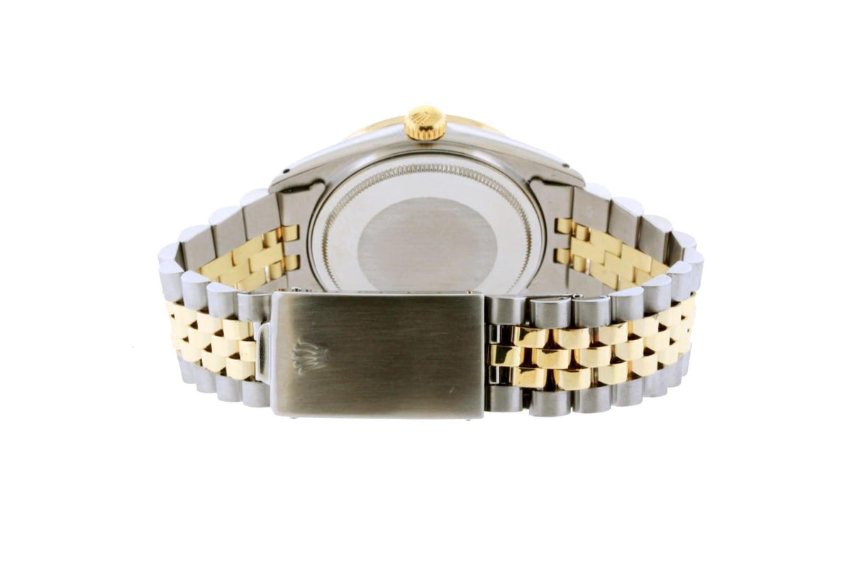 Pre-Owned Rolex Datejust 36MM 16233 Champagne Pattern Roman Dial Diamond Bezel Two Tone Yellow Gold Jubilee Bracelet 1.2ct