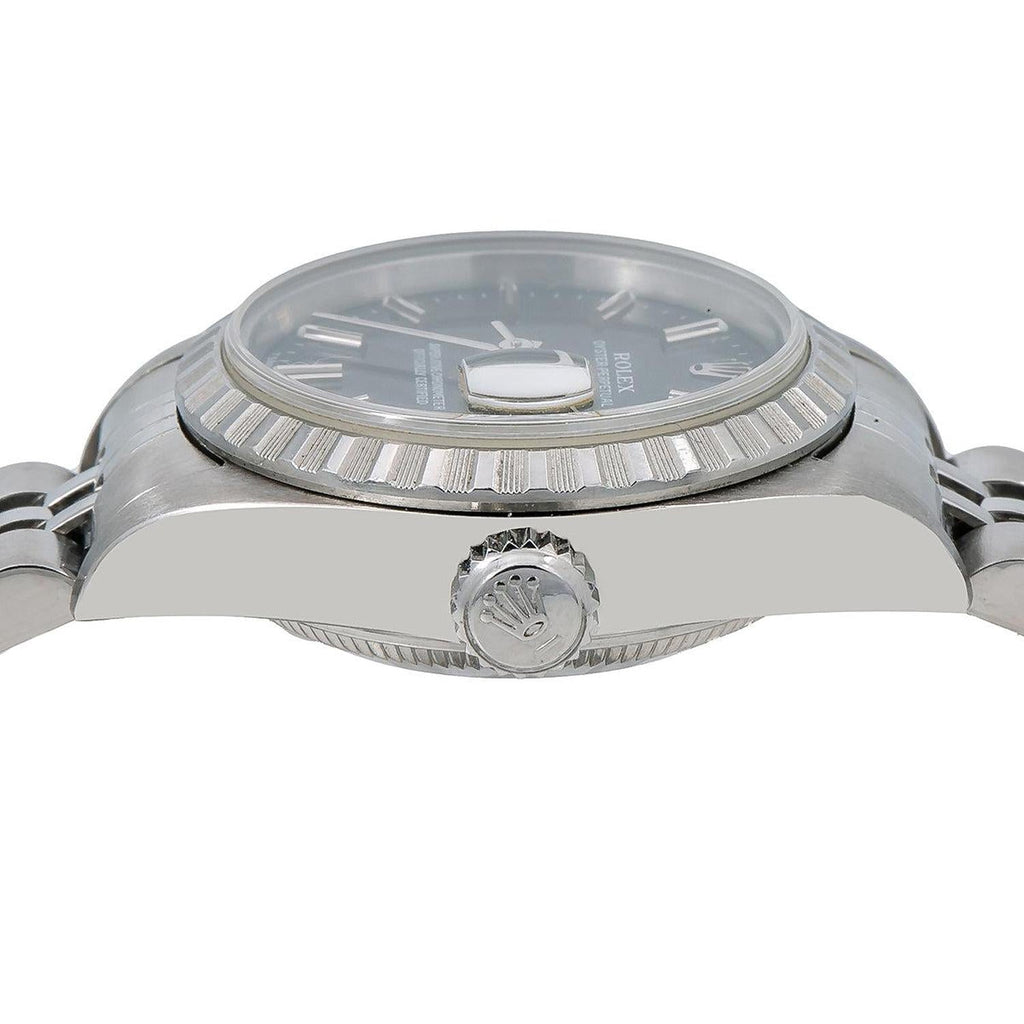 Pre-Owned Rolex Date 26MM 6924 Black Dial Engine Turned Bezel Stainless Steel Jubilee Bracelet