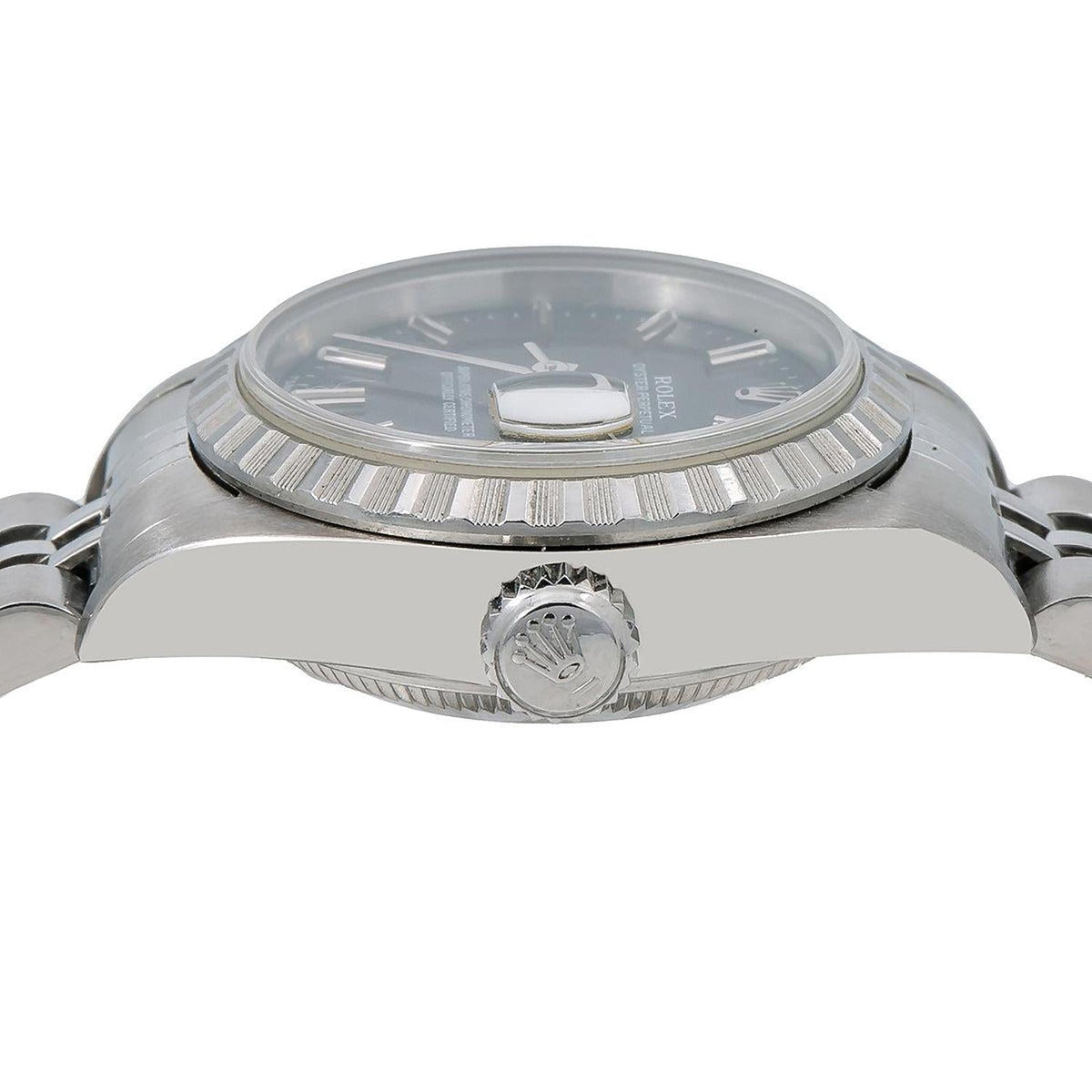Pre-Owned Rolex Date 26MM 6924 Black Dial Engine Turned Bezel Stainless Steel Jubilee Bracelet