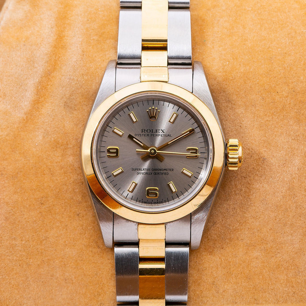 Pre-Owned Rolex Oyster Perpetual 26MM 67183 Gray Arabic Dial Smooth Bezel Two Tone Yellow Gold Oyster Bracelet