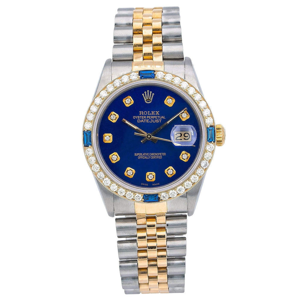 Pre-Owned Rolex Datejust 36MM 16013 Blue Diamond Dial Diamond Bezel Two Tone Yellow Gold Jubilee Bracelet 2ct