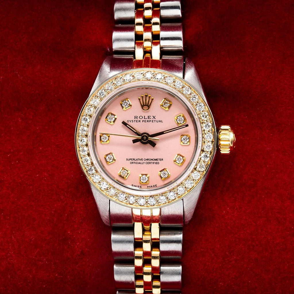 Pre-Owned Rolex Oyster Perpetual 26MM 67193 Pink Diamond Dial Diamond Bezel Two Tone Yellow Gold Jubilee Bracelet 1ct