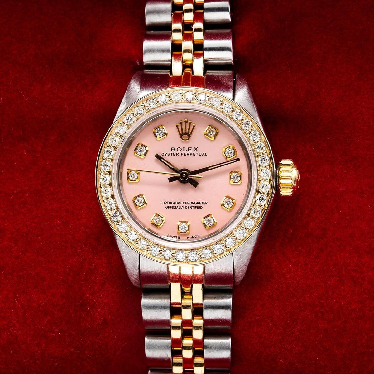 Pre-Owned Rolex Oyster Perpetual 26MM 67193 Pink Diamond Dial Diamond Bezel Two Tone Yellow Gold Jubilee Bracelet 1ct