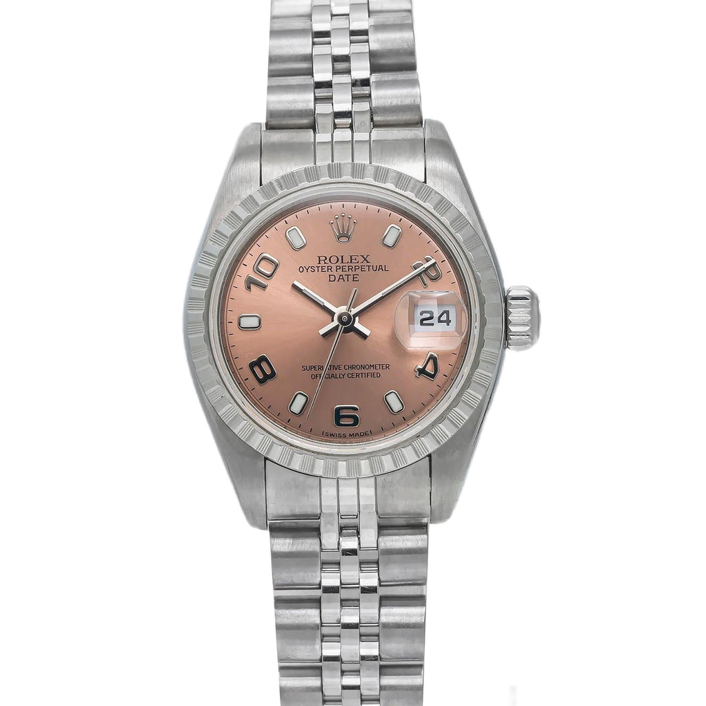 Pre-Owned Rolex Date 26MM 79240 Everose Arabic Dial Engine Turned Bezel Stainless Steel Jubilee Bracelet