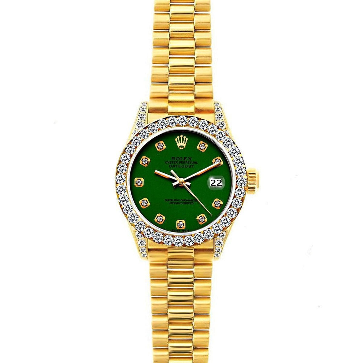 Pre-Owned Rolex Datejust 26MM 69178 Green Diamond Dial Diamond Bezel 18K Yellow Gold President Bracelet 1.2ct