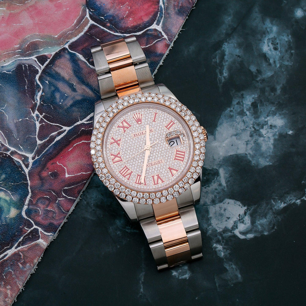 Pre-Owned Rolex Datejust 41MM 126331 Diamond Paved Red Roman Dial Diamond Bezel Two Tone Rose Gold Oyster Bracelet