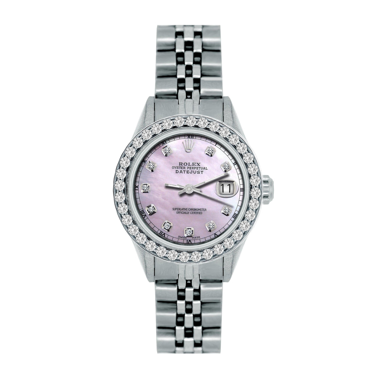 Pre-Owned Rolex Datejust 26MM 6916 Pink Mother of Pearl Diamond Dial Diamond Bezel Stainless Steel Jubilee Bracelet 1.2ct