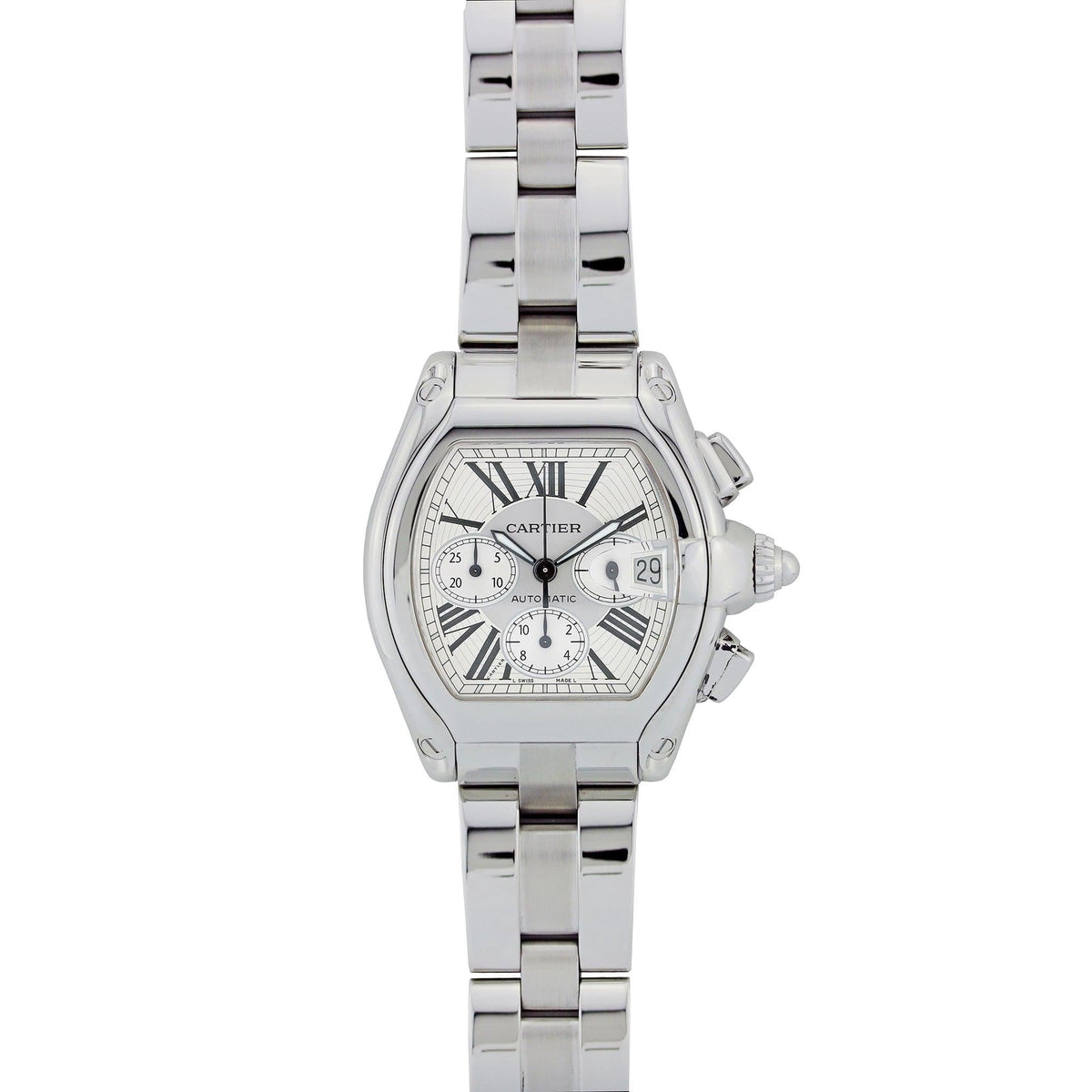 Pre-Owned Cartier Roadster 43MM W62019X6 Silver Roman Dial Stainless Steel Bracelet