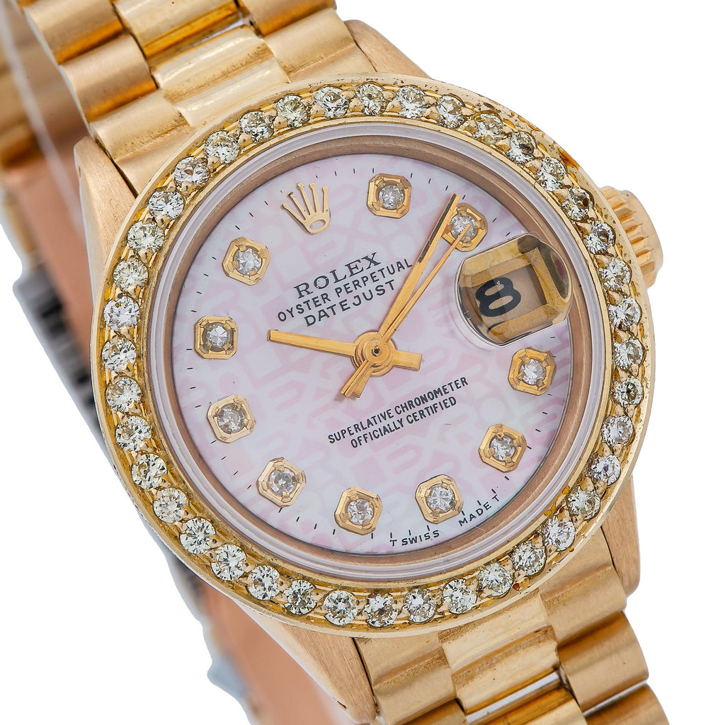 Pre-Owned Rolex Datejust 26MM 6917 Pink Pattern Diamond Dial Diamond Bezel 18K Yellow Gold President Bracelet