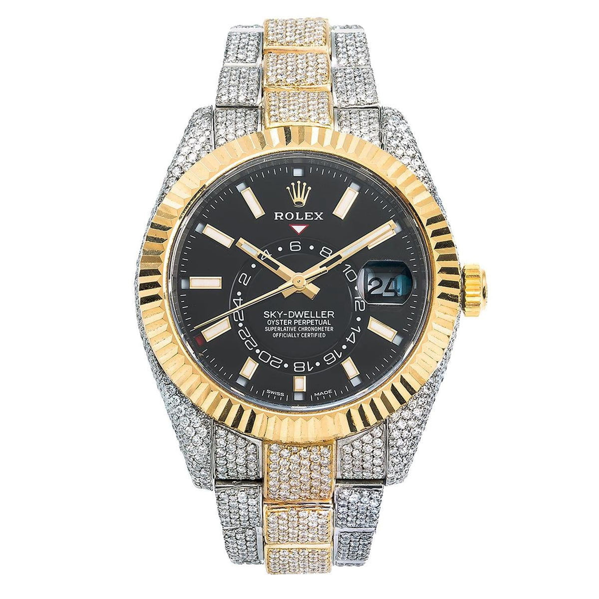 Pre-Owned Rolex Sky-Dweller 42MM 326933 Black Dial Fluted Bezel Two Tone Yellow Gold Full Diamond Oyster Bracelet 21.5ct