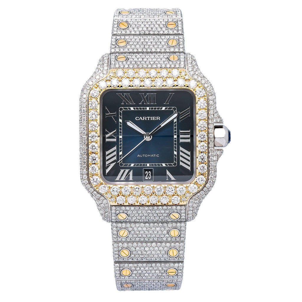 Pre-Owned Cartier Santos 39.8MM WSSA0030 Blue Roman Dial Yellow Gold Diamond Bezel Two Tone Yellow Gold Full Diamond Bracelet 17.95ct