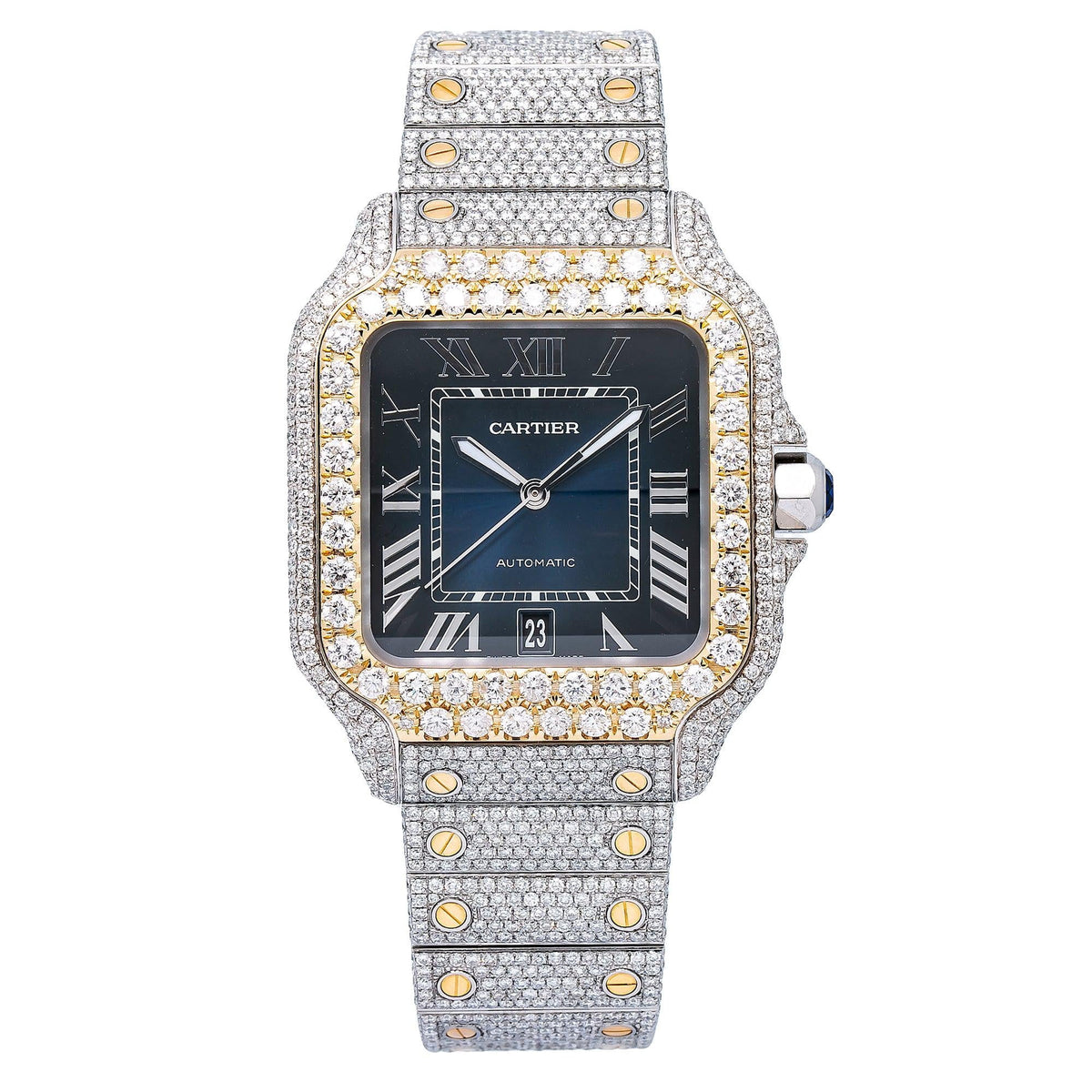 Pre-Owned Cartier Santos 39.8MM WSSA0030 Blue Roman Dial Yellow Gold Diamond Bezel Two Tone Yellow Gold Full Diamond Bracelet 17.95ct