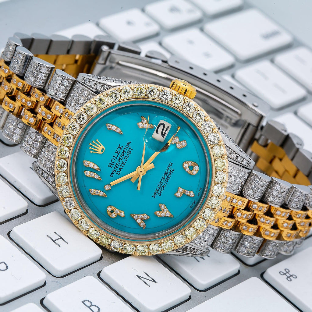 Pre-Owned Rolex Datejust 36MM 1601 Blue Eastern Arabic Diamond Dial Diamond Bezel Two Tone Yellow Gold Full Diamond Jubilee Bracelet 8.75ct