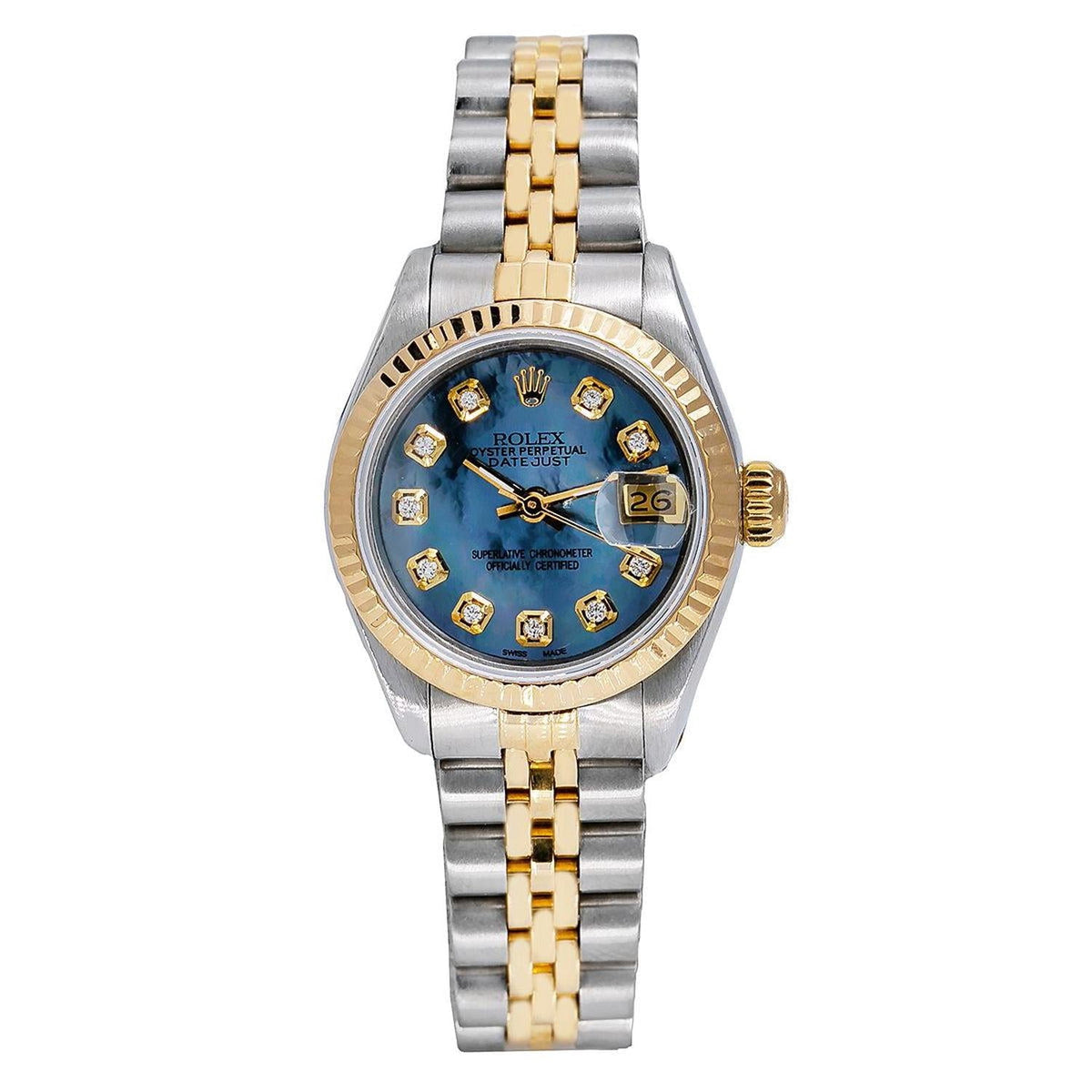 Pre-Owned Rolex Datejust 26MM 69173 Blue Mother of Pearl Diamond Dial Fluted Bezel Two Tone Yellow Gold Jubilee Bracelet