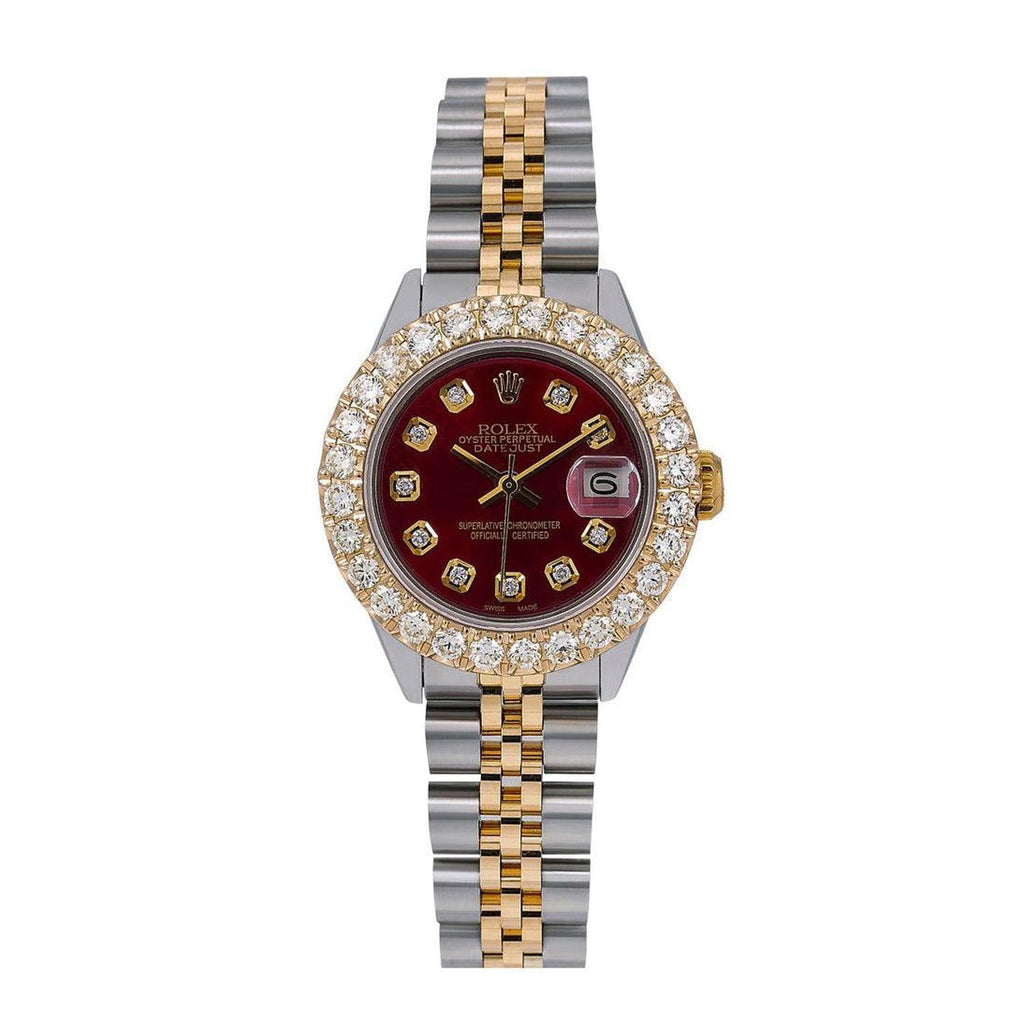 Pre-Owned Rolex Datejust 26MM 69173 Red Diamond Dial Diamond Bezel Two Tone Yellow Gold Jubilee Bracelet
