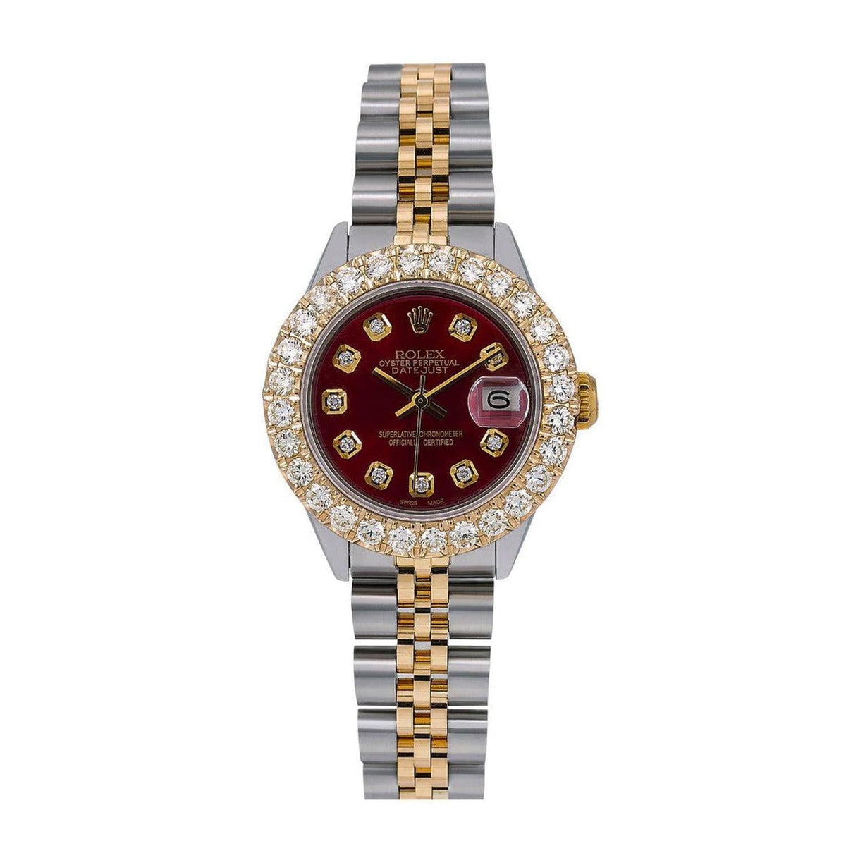 Pre-Owned Rolex Datejust 26MM 69173 Red Diamond Dial Diamond Bezel Two Tone Yellow Gold Jubilee Bracelet